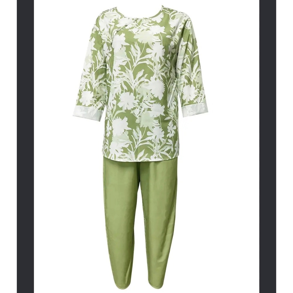 Womens Sage Green Floral Tunic and Pants Two Piece Loungewear Set Size L Cottage